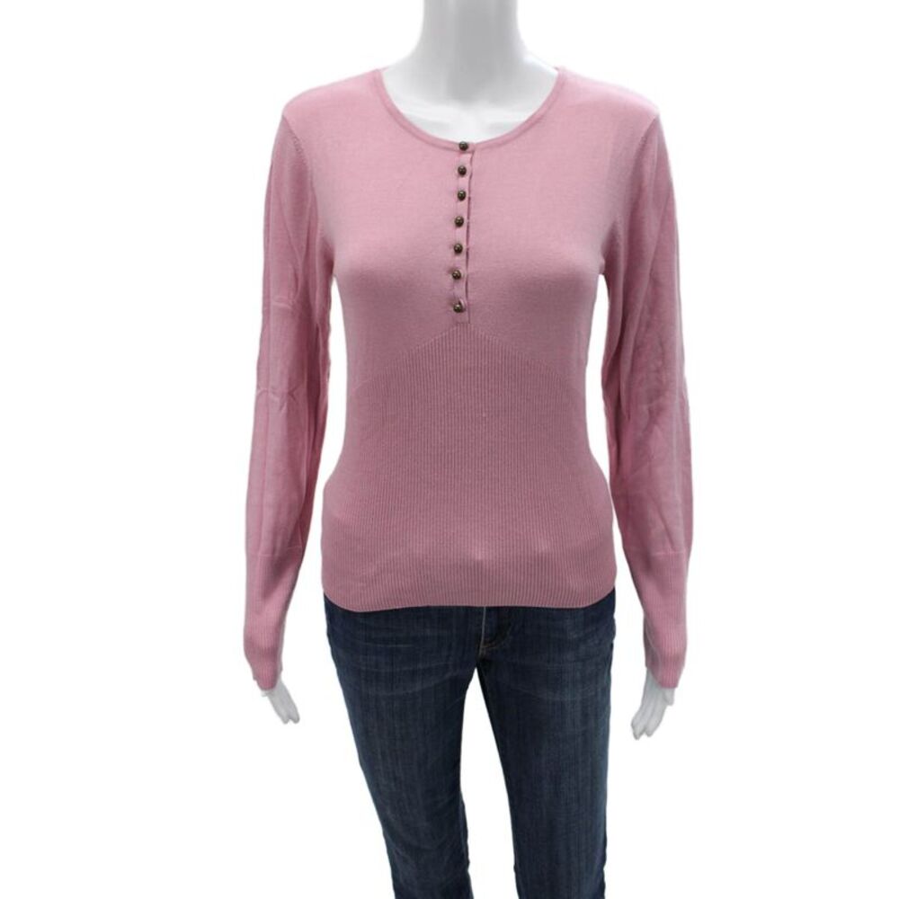 Tahari Women Basic Pink Button Up Sweater Long Sleeve Round Neck Size M